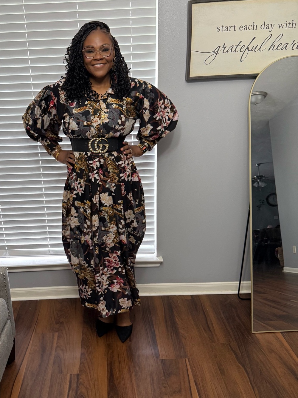 Floral Puff-Sleeve Black Maxi Dress with Belt